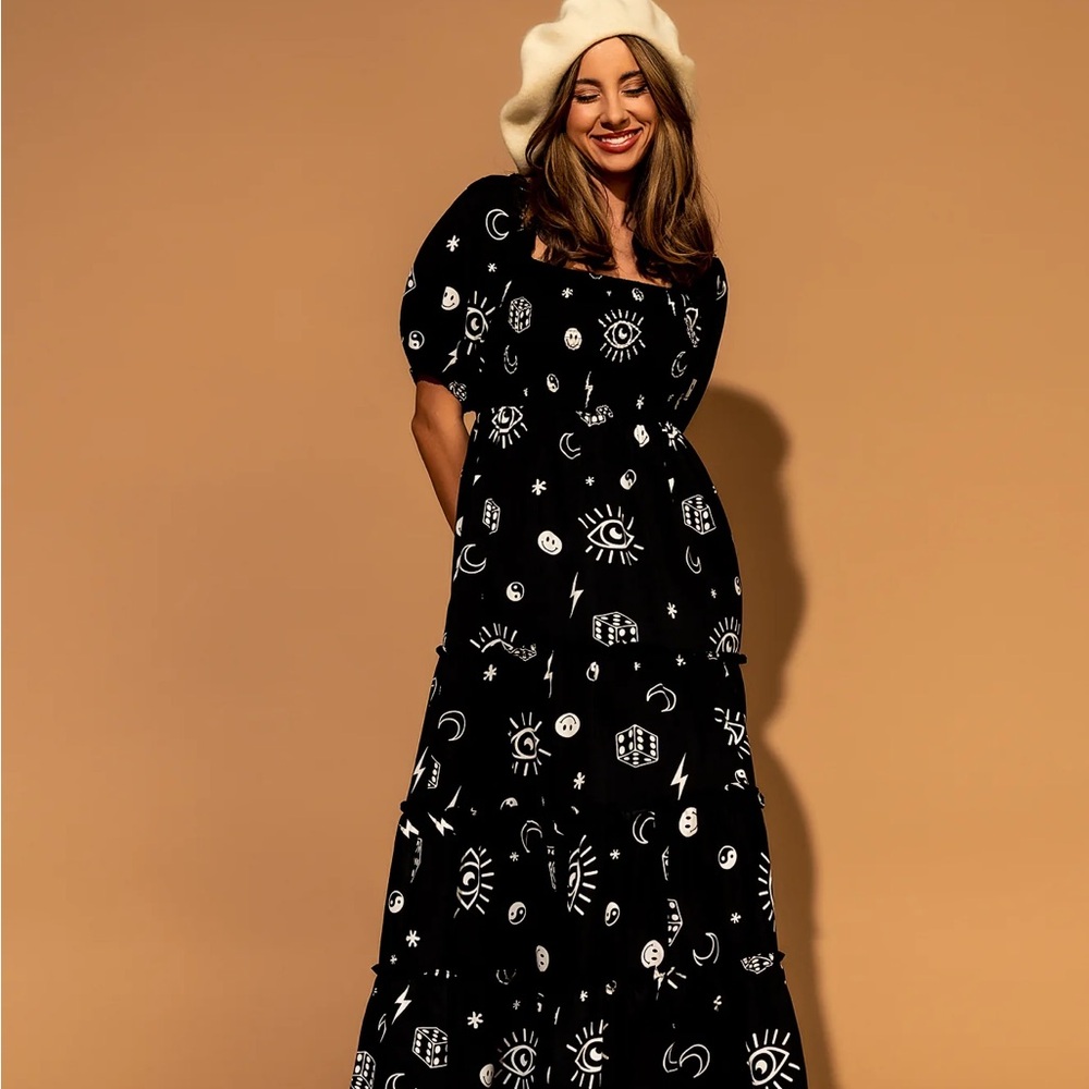 Dressed in LALA Black Maxi Dress with Evil Eye, Dice, Smiley Face, Moon Patterns
